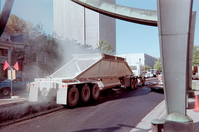 Bottom dump truck used in an urban setting in Salt Lake City.