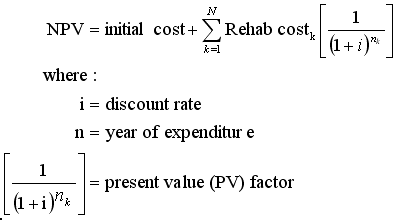NPV is determined by discounting all project costs to the base, or present, year (usually the present year, year of construction or year of authorization). Thus the entire project can be expressed as a single base year, or present year, cost. Alternatives are then compared by comparing these base year costs. NPV is a common economic calculation and, for roadways, can be expressed by the following equation: