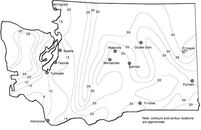 Frost Depth Contour Map (inches) based on Field Measurements - Winters of 1949 and 1950
