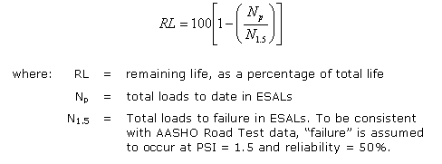From a remaining life calculation. This method does not account for any benefits from pre-overlay repair. The following equation is used to determine the remaining life as a percentage of total life: