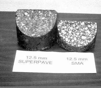 Dense-Graded HMA (left) vs. SMA (right). Notice the SMA has a better-defined large aggregate skeleton (from NAPA, 2001)