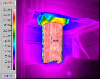 Infrared picture of an HMA storage silo loading a truck showing the hot uniform temperature of the mix.