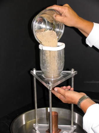 Pouring test sample into funnel