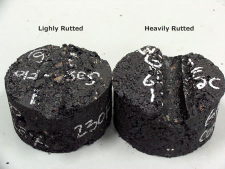 Comparison of a rut-resistant HMA (left) and a rut-susceptible HMA (right) after 8,000 load cycles in the APA